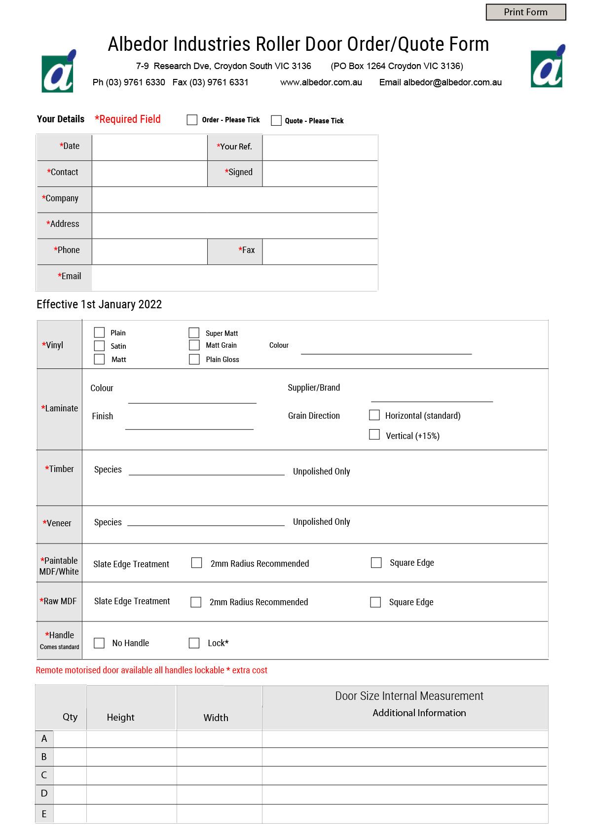 Albedor Roller Doors Order Form