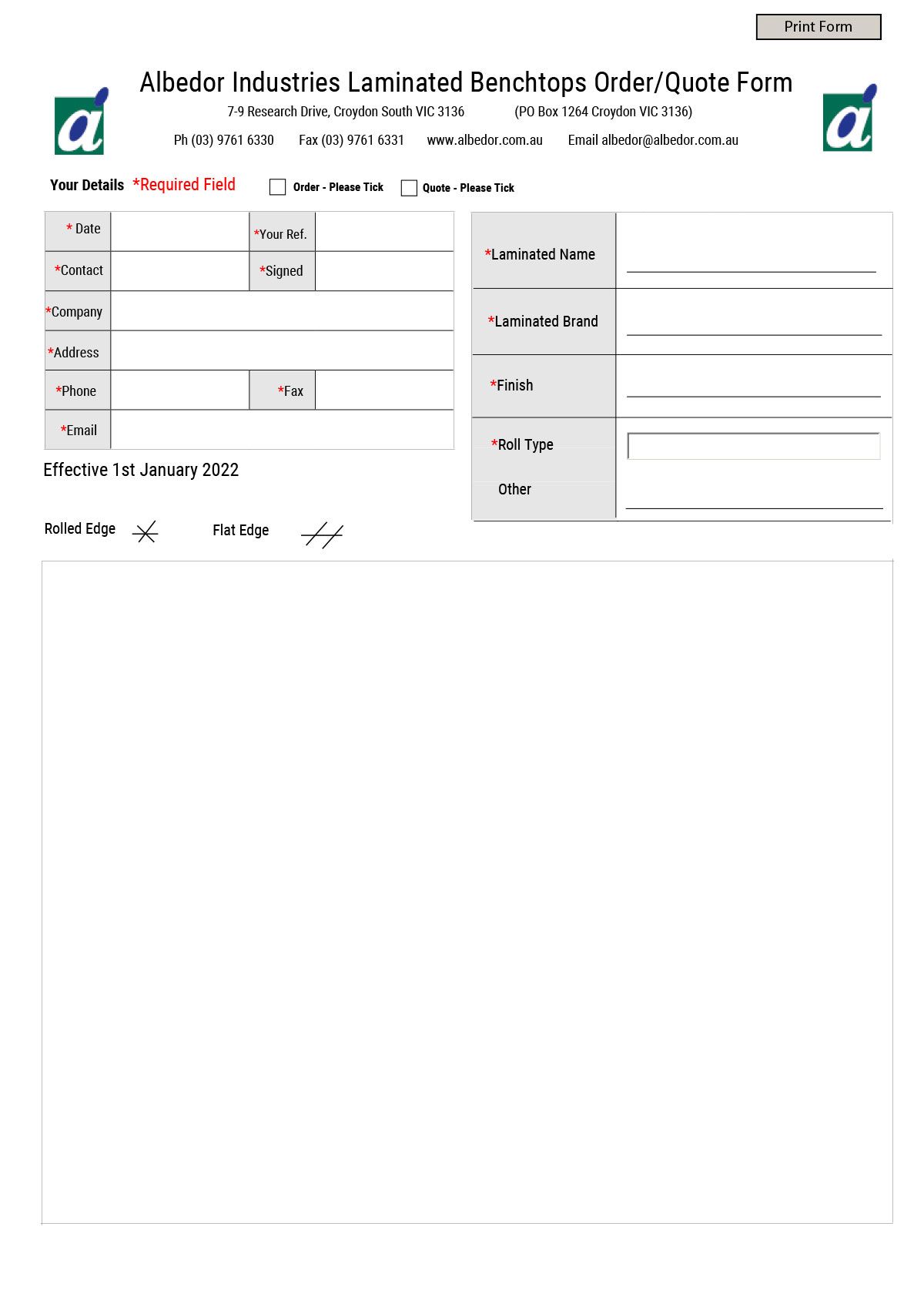 Albedor Laminate Bench Tops Order Form